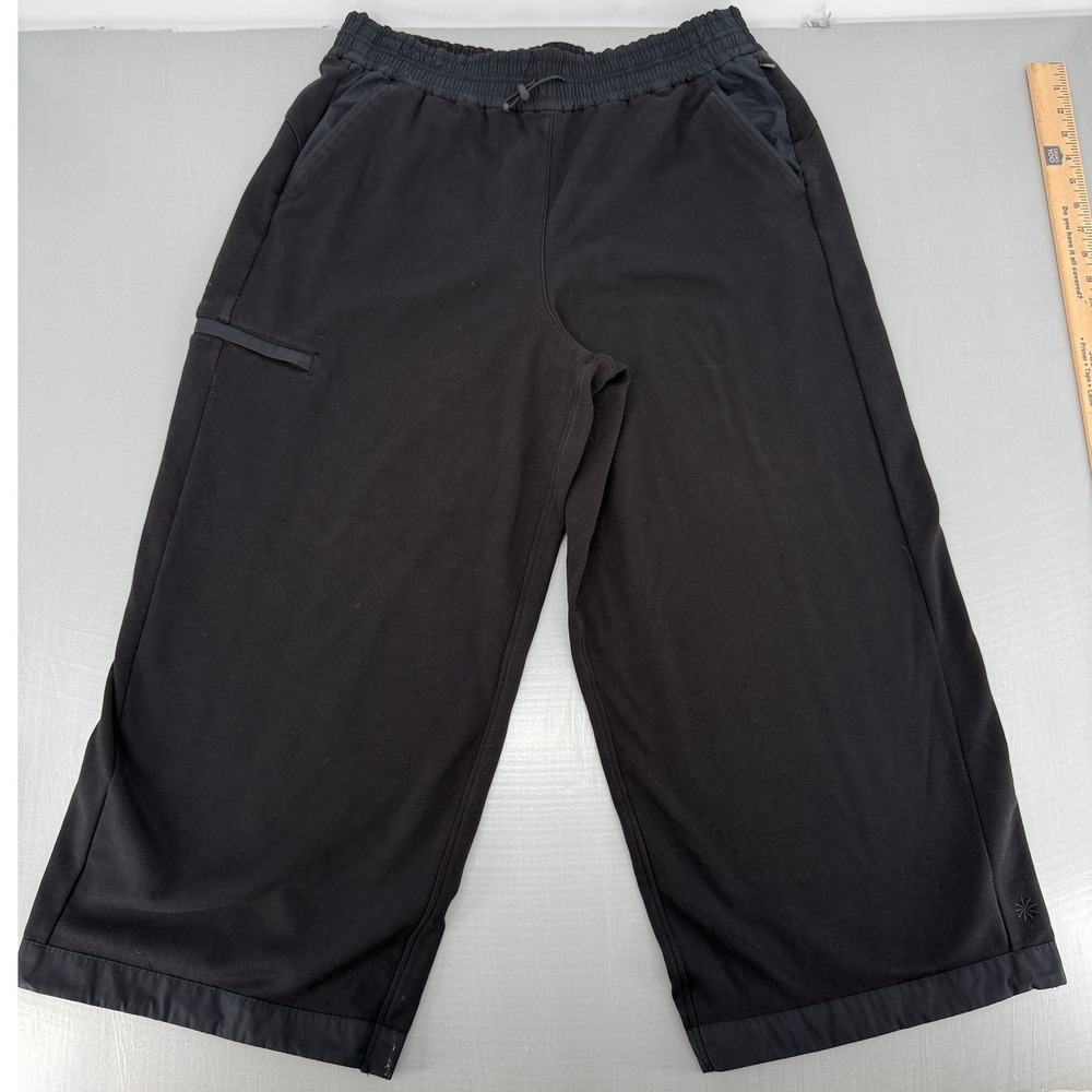 Athleta Black Fleece Lined Wide Leg Cropped Pants Elastic Toggle Waist Womens
